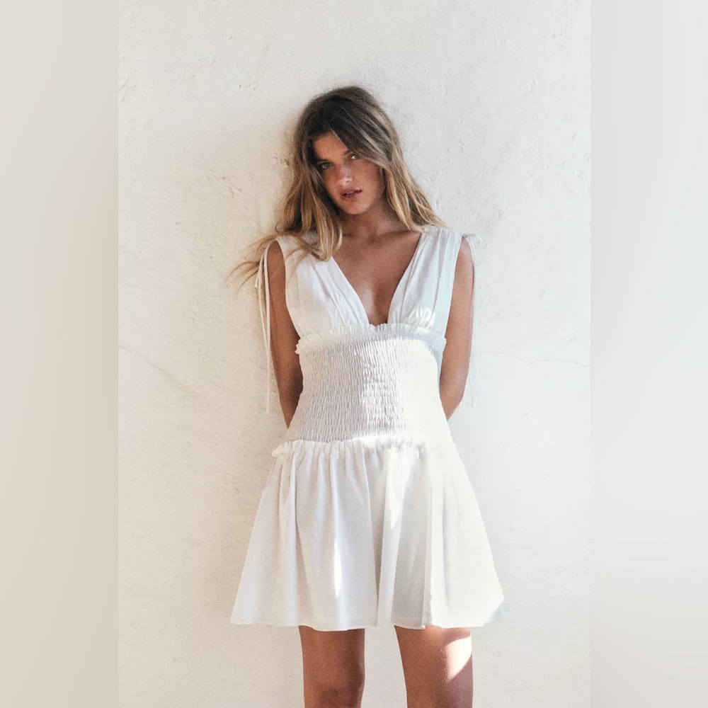 Zara white cotton poplin short milk-maid dress S NWT